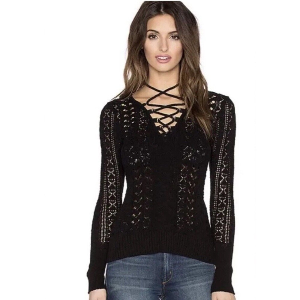 FREE PEOPLE Ginger Lace Up Criss Cross Black Crochet Sweater Size M